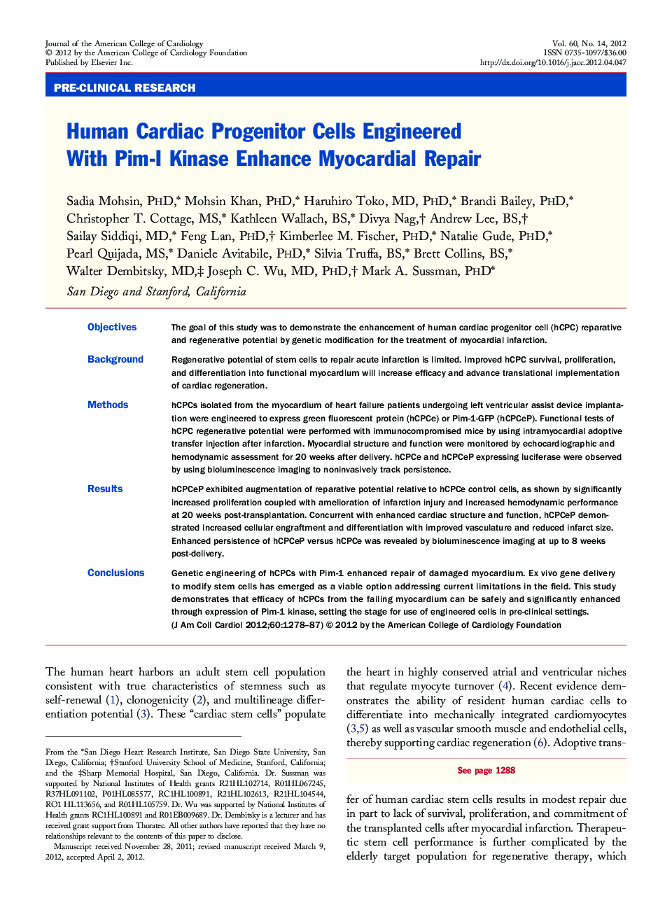 Human Cardiac Progenitor Cells Engineered With Pim-I Kinase Enhance Myocardial Repair 