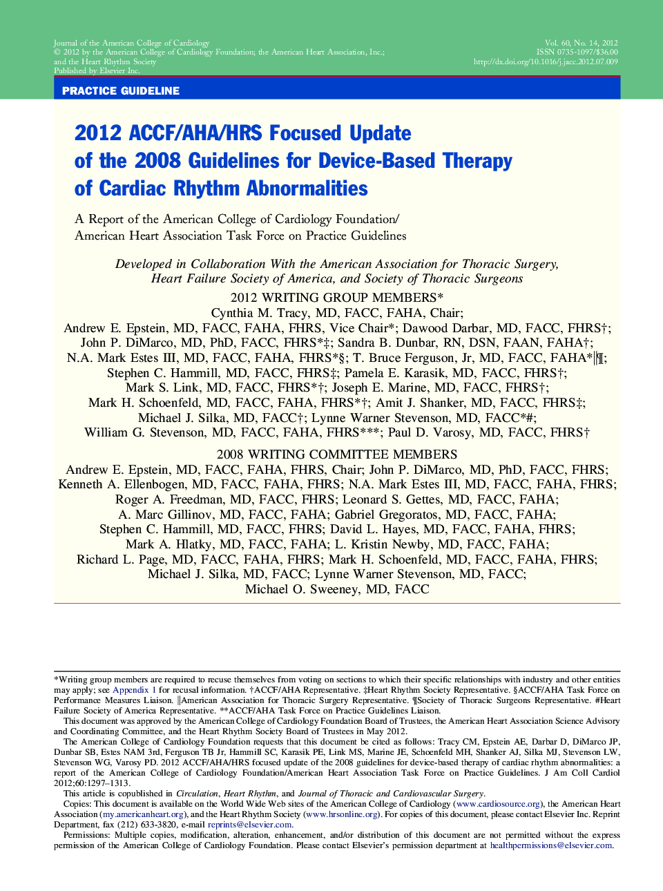 2012 ACCF/AHA/HRS Focused Update of the 2008 Guidelines for Device-Based Therapy of Cardiac Rhythm Abnormalities