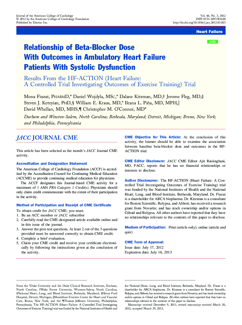 Relationship of Beta-Blocker Dose With Outcomes in Ambulatory Heart Failure Patients With Systolic Dysfunction : Results From the HF-ACTION (Heart Failure: A Controlled Trial Investigating Outcomes of Exercise Training) Trial