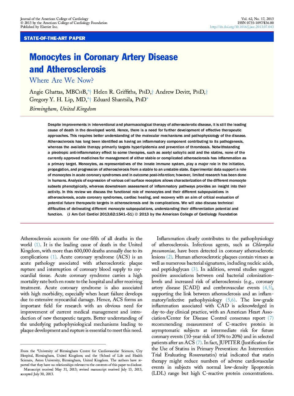 Monocytes in Coronary Artery Disease and Atherosclerosis : Where Are We Now?