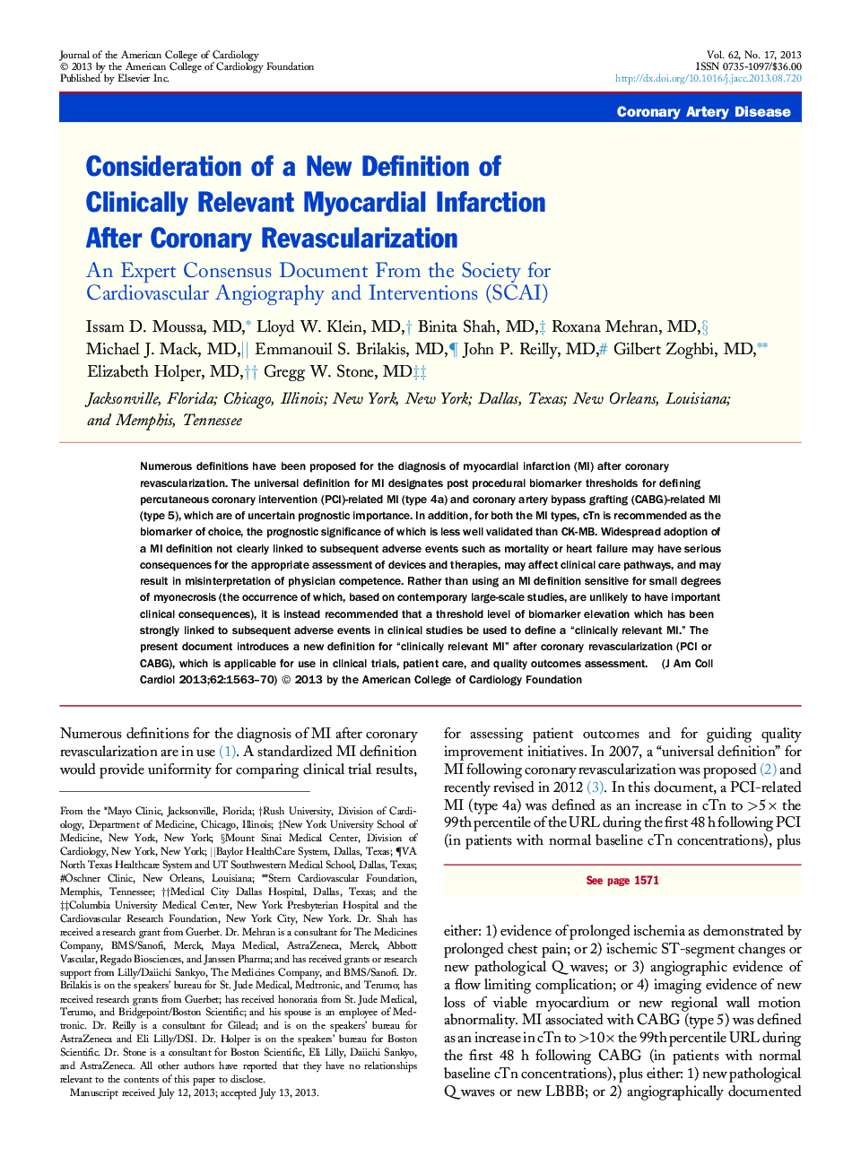 Consideration of a New Definition of Clinically Relevant Myocardial Infarction After Coronary Revascularization : An Expert Consensus Document From the Society for Cardiovascular Angiography and Interventions (SCAI)