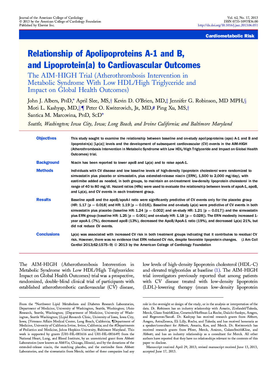 Relationship of Apolipoproteins A-1 and B, and Lipoprotein(a) to Cardiovascular Outcomes : The AIM-HIGH Trial (Atherothrombosis Intervention in Metabolic Syndrome With Low HDL/High Triglyceride and Impact on Global Health Outcomes)