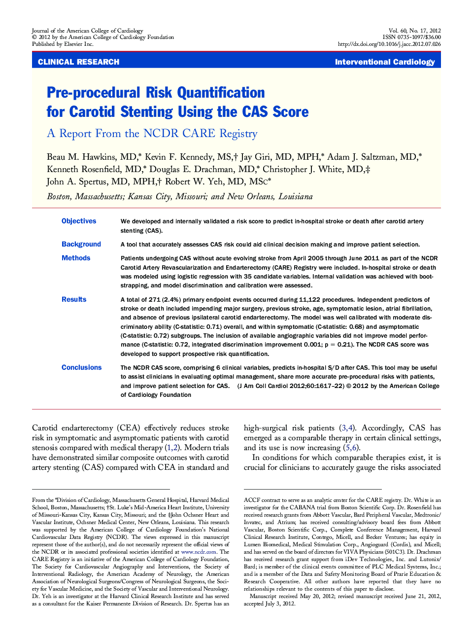 Pre-procedural Risk Quantification for Carotid Stenting Using the CAS Score : A Report From the NCDR CARE Registry