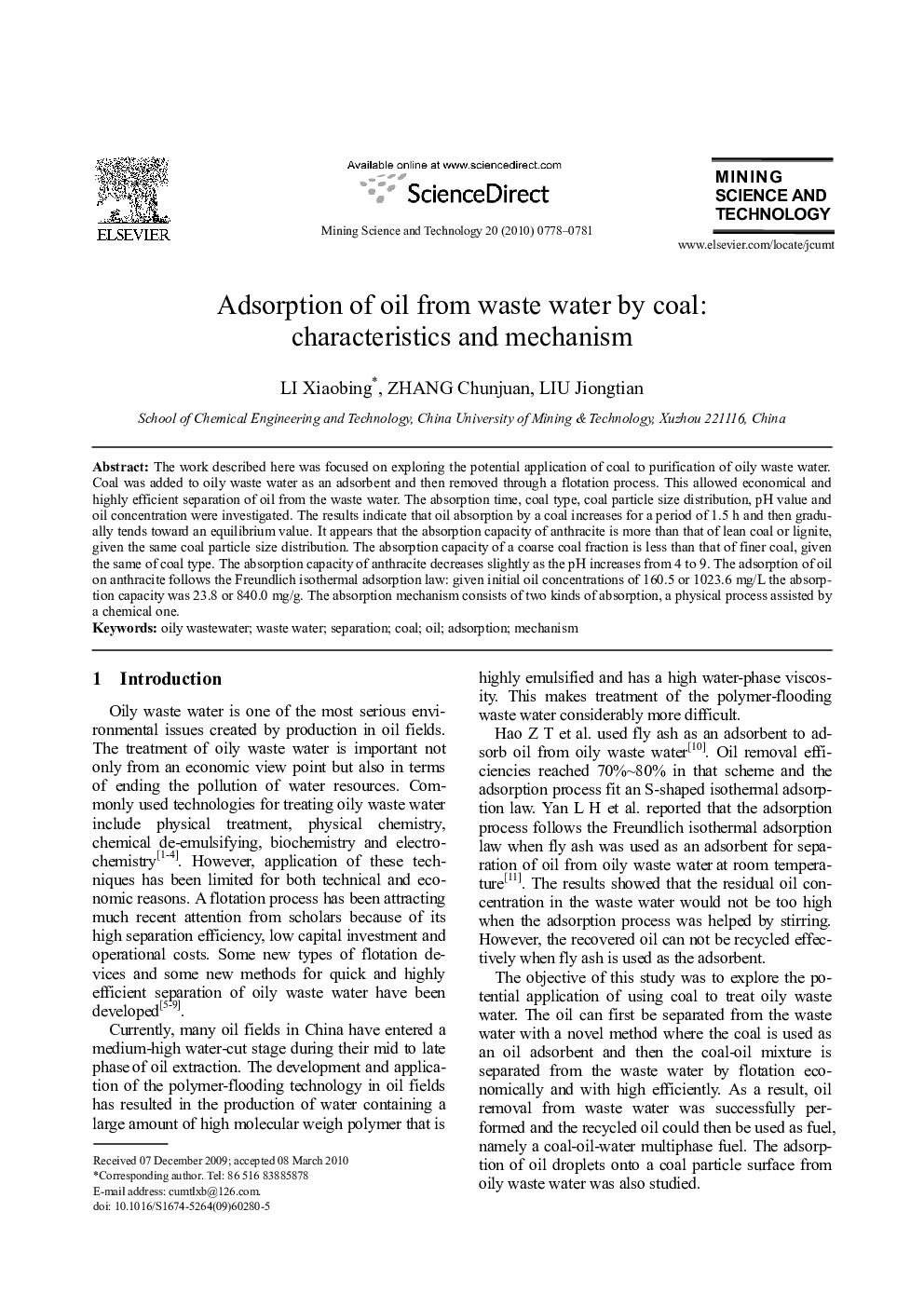 Adsorption of oil from waste water by coal: characteristics and mechanism