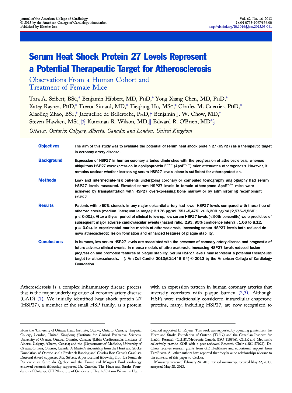 Serum Heat Shock Protein 27 Levels Represent a Potential Therapeutic Target for Atherosclerosis : Observations From a Human Cohort and Treatment of Female Mice