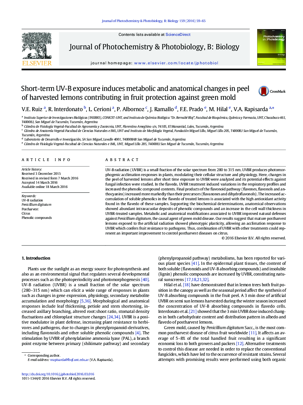 Short-term UV-B exposure induces metabolic and anatomical changes in peel of harvested lemons contributing in fruit protection against green mold