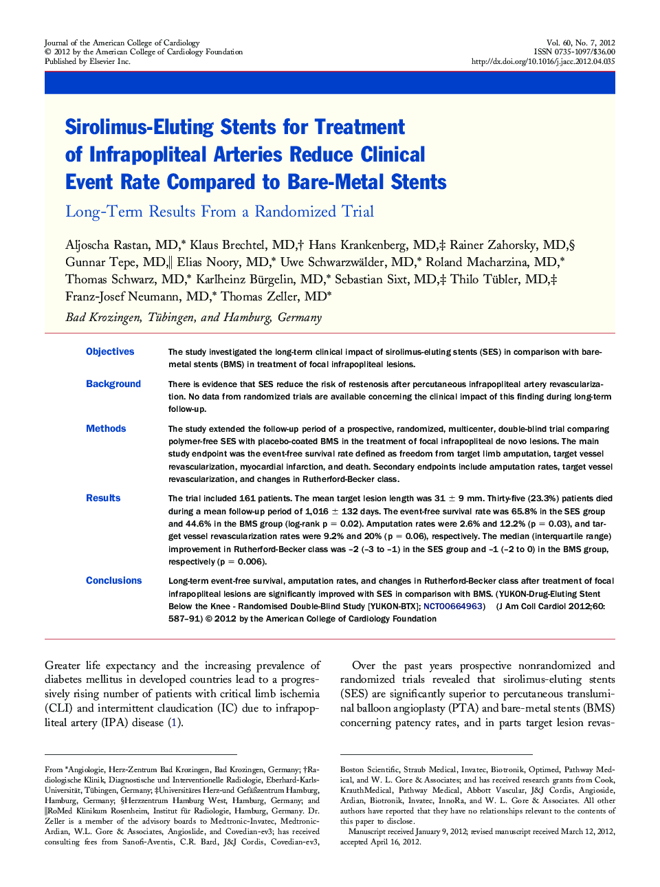 Sirolimus-Eluting Stents for Treatment of Infrapopliteal Arteries Reduce Clinical Event Rate Compared to Bare-Metal Stents : Long-Term Results From a Randomized Trial