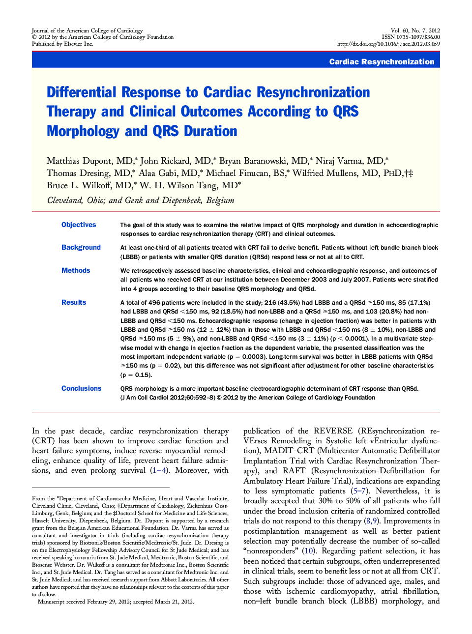 Differential Response to Cardiac Resynchronization Therapy and Clinical Outcomes According to QRS Morphology and QRS Duration 