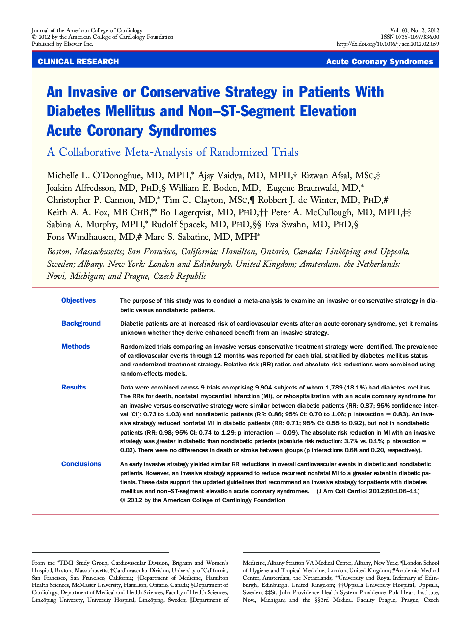 An Invasive or Conservative Strategy in Patients With Diabetes Mellitus and Non–ST-Segment Elevation Acute Coronary Syndromes : A Collaborative Meta-Analysis of Randomized Trials