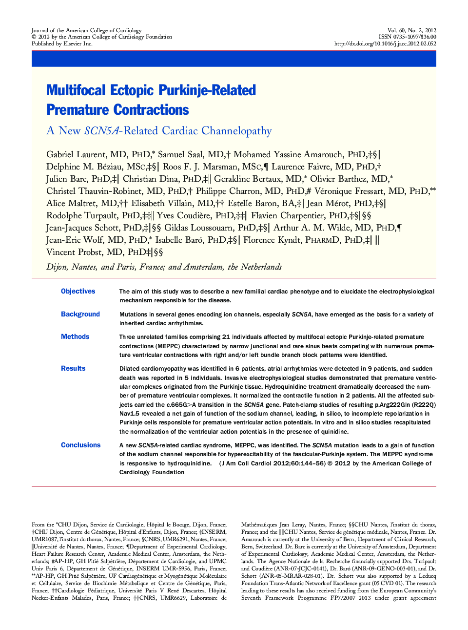 Multifocal Ectopic Purkinje-Related Premature Contractions : A New SCN5A-Related Cardiac Channelopathy