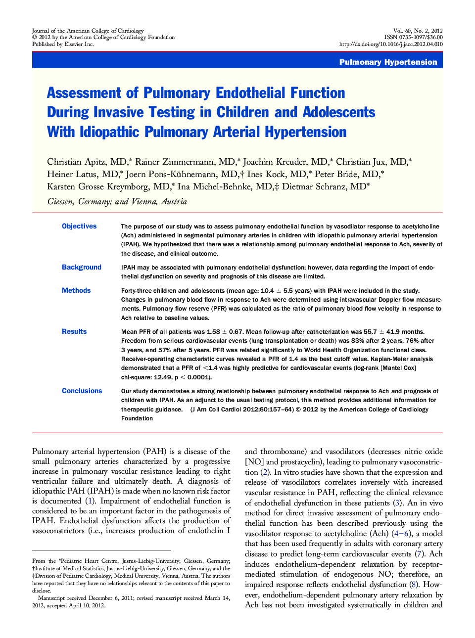 Assessment of Pulmonary Endothelial Function During Invasive Testing in Children and Adolescents With Idiopathic Pulmonary Arterial Hypertension 