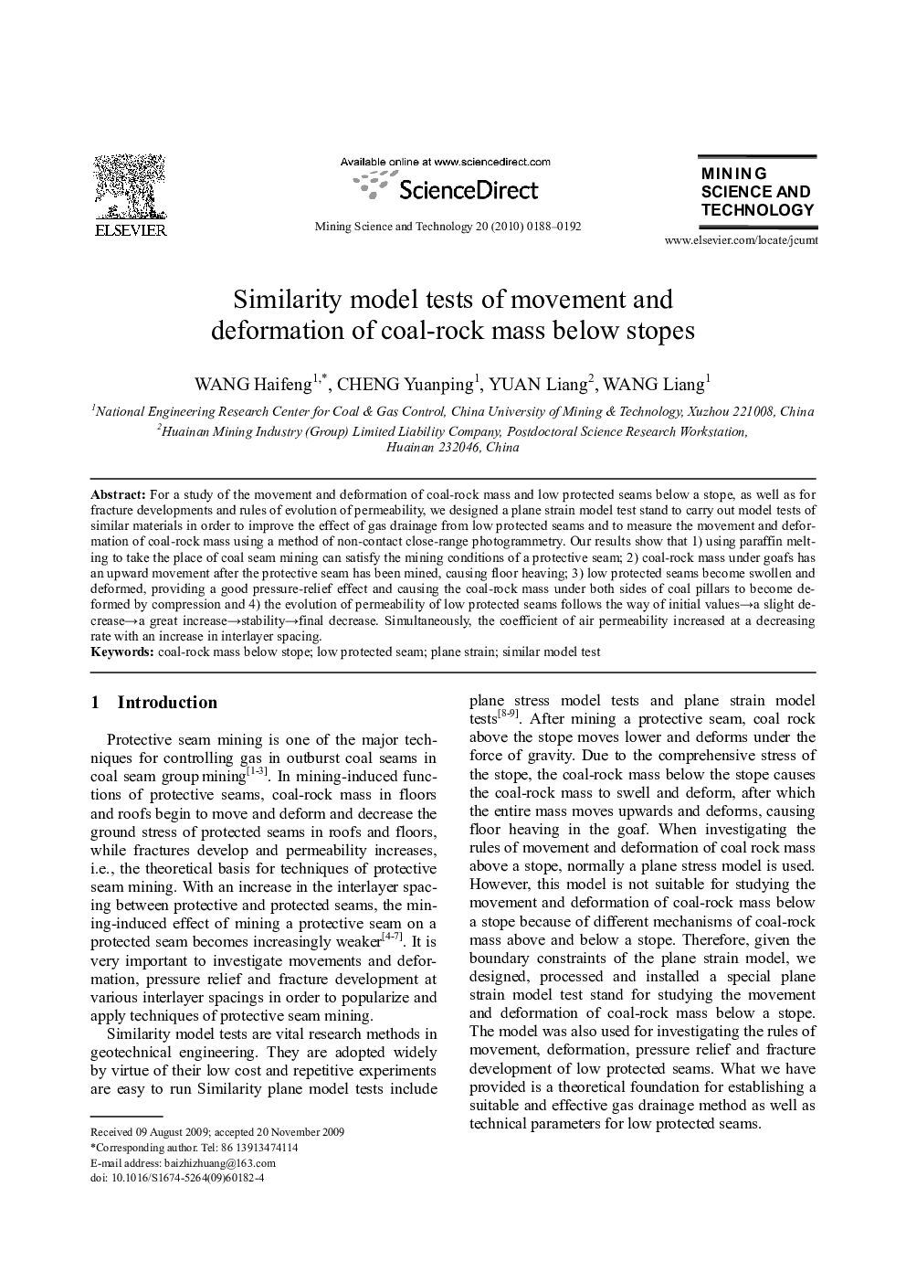 Similarity model tests of movement and deformation of coal-rock mass below stopes