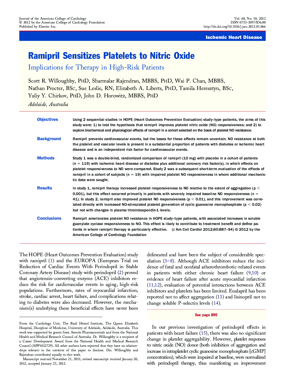 Ramipril Sensitizes Platelets to Nitric Oxide : Implications for Therapy in High-Risk Patients