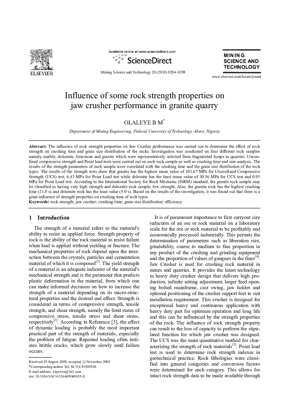 Influence of some rock strength properties on jaw crusher performance in granite quarry