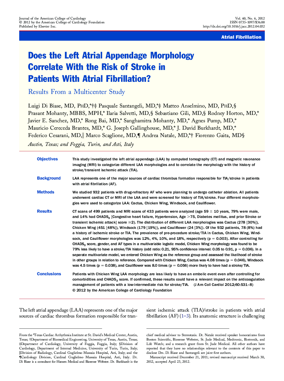 Does the Left Atrial Appendage Morphology Correlate With the Risk of Stroke in Patients With Atrial Fibrillation? : Results From a Multicenter Study