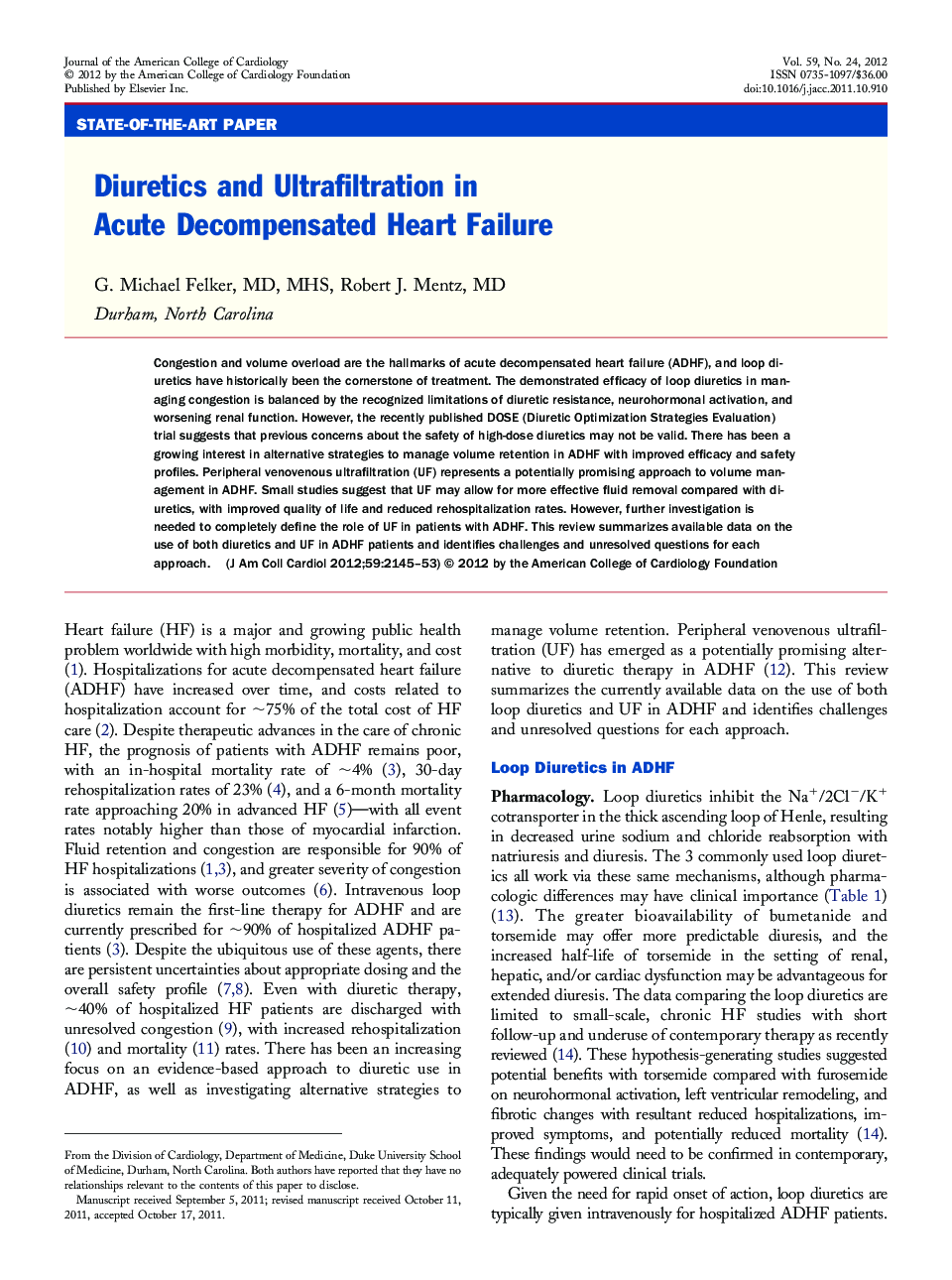 Diuretics and Ultrafiltration in Acute Decompensated Heart Failure 