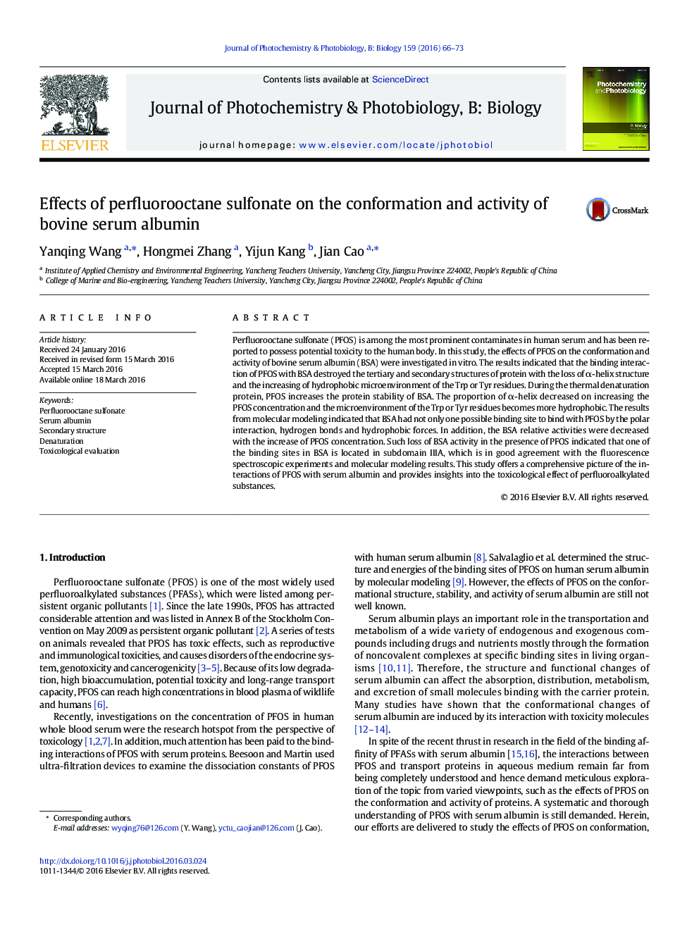 Effects of perfluorooctane sulfonate on the conformation and activity of bovine serum albumin