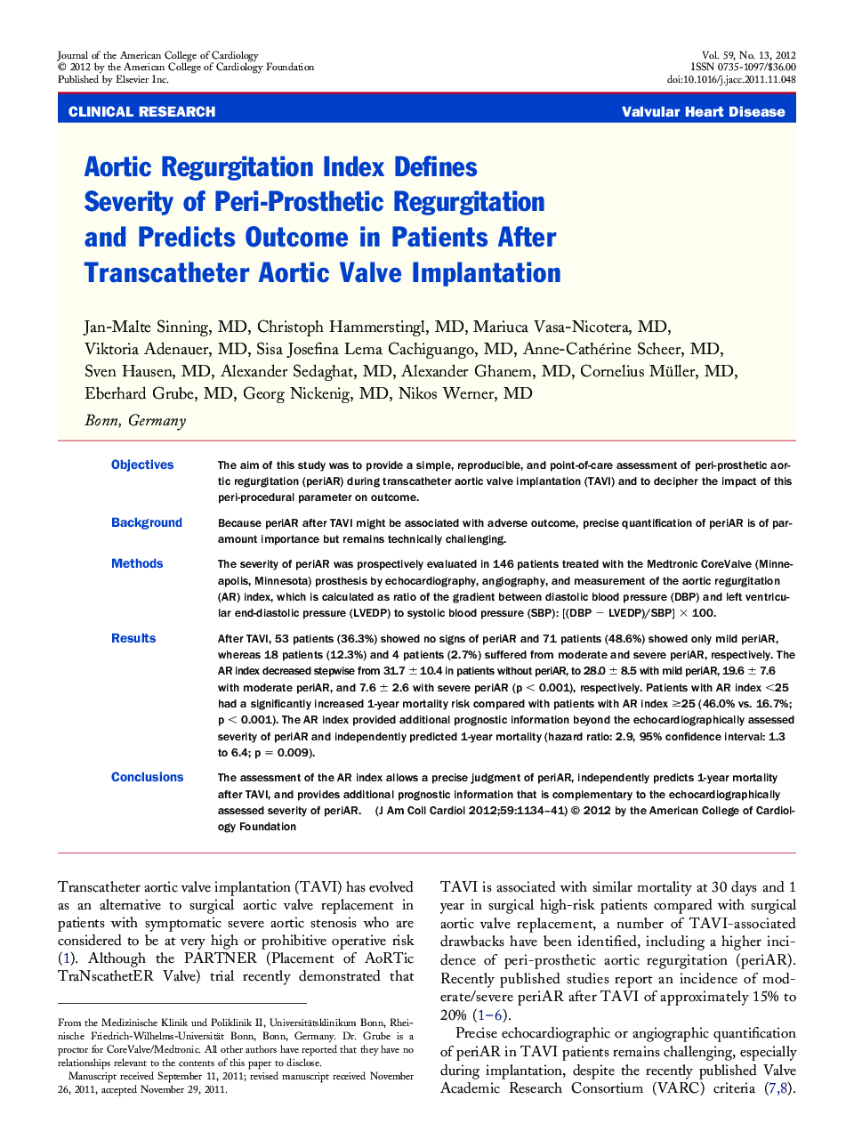 Aortic Regurgitation Index Defines Severity of Peri-Prosthetic Regurgitation and Predicts Outcome in Patients After Transcatheter Aortic Valve Implantation 