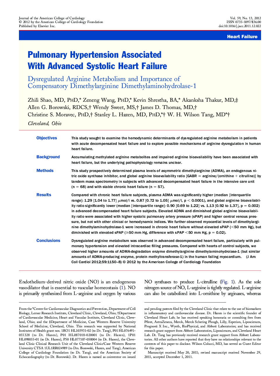 Pulmonary Hypertension Associated With Advanced Systolic Heart Failure : Dysregulated Arginine Metabolism and Importance of Compensatory Dimethylarginine Dimethylaminohydrolase-1