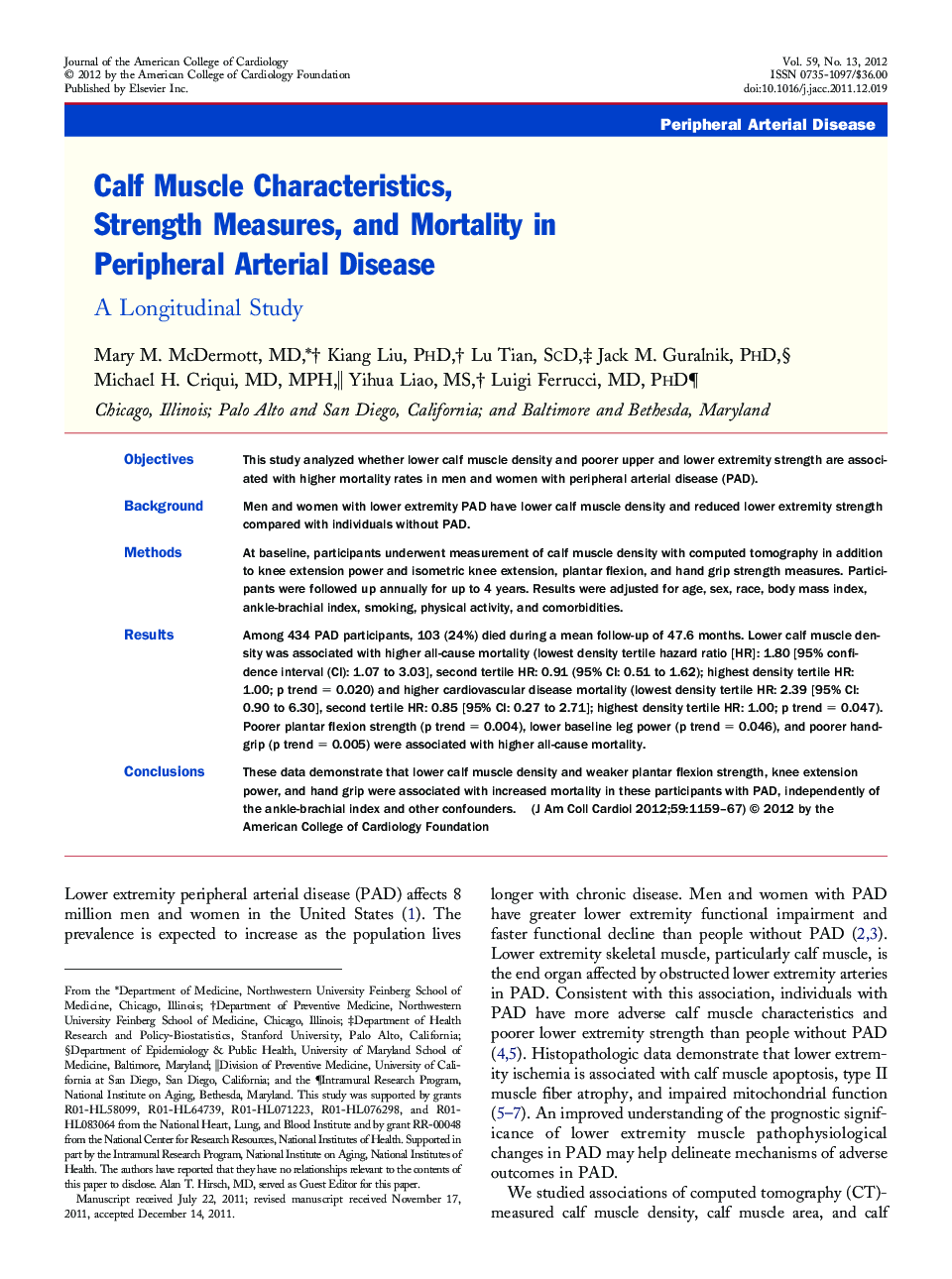 Calf Muscle Characteristics, Strength Measures, and Mortality in Peripheral Arterial Disease : A Longitudinal Study