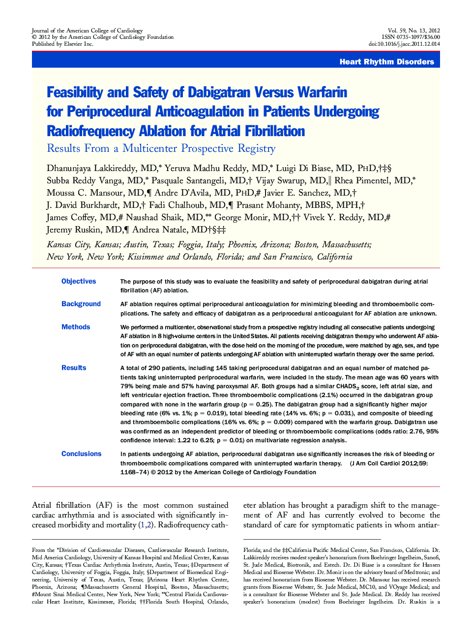 Feasibility and Safety of Dabigatran Versus Warfarin for Periprocedural Anticoagulation in Patients Undergoing Radiofrequency Ablation for Atrial Fibrillation : Results From a Multicenter Prospective Registry