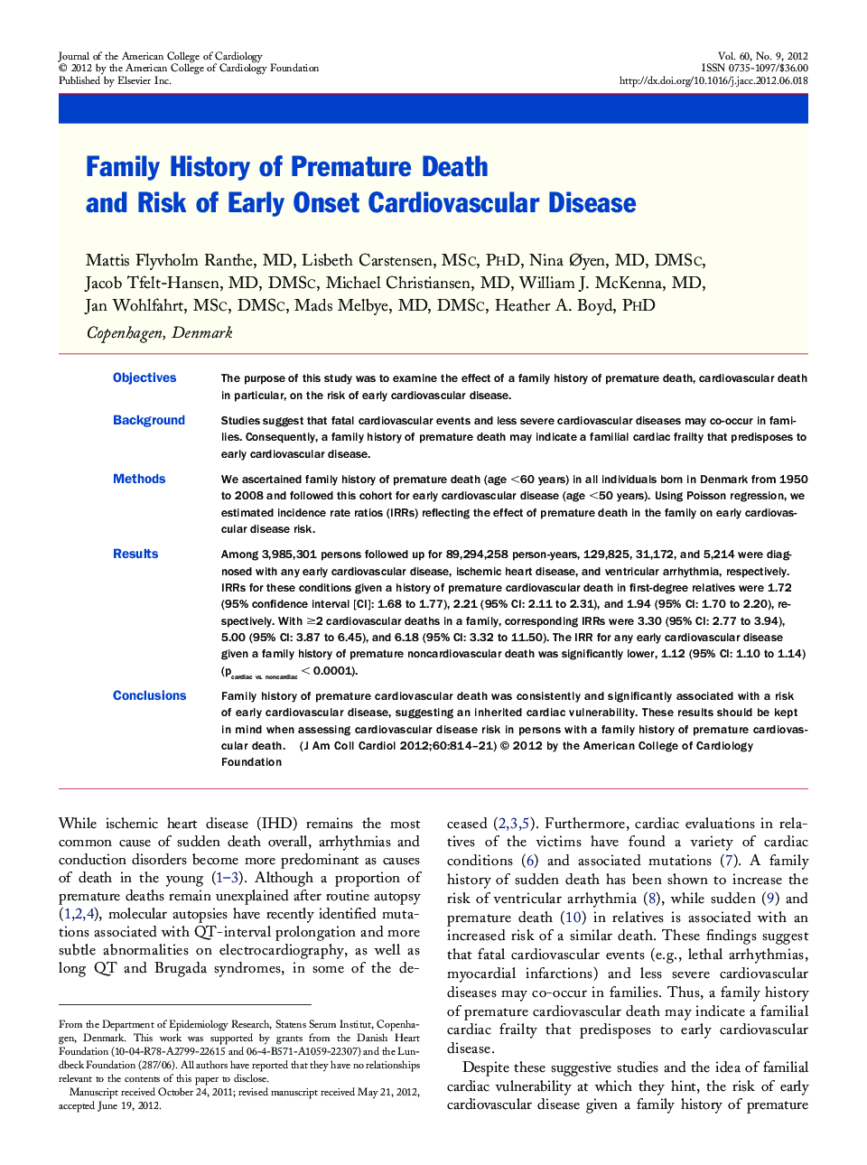 Family History of Premature Death and Risk of Early Onset Cardiovascular Disease 