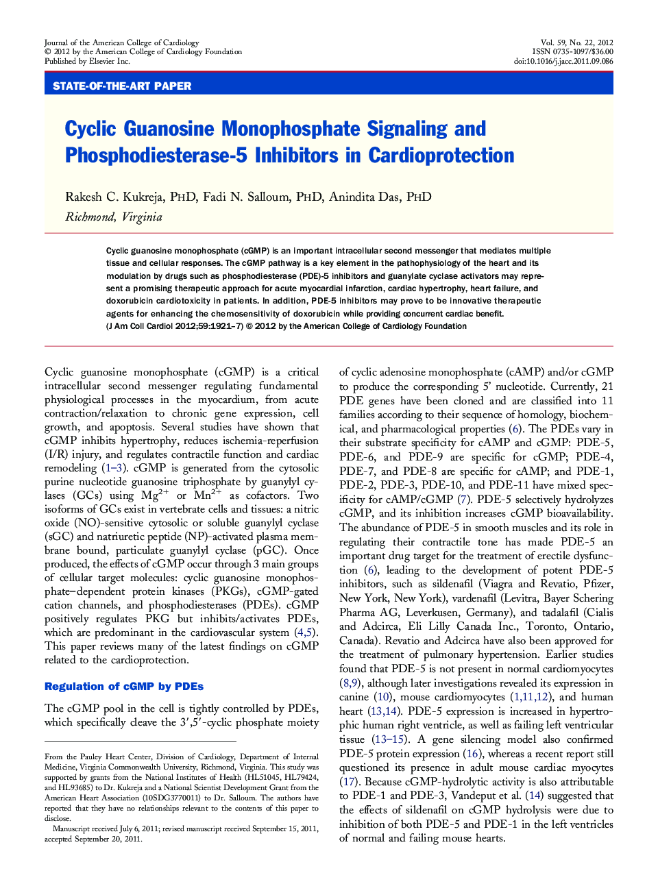 Cyclic Guanosine Monophosphate Signaling and Phosphodiesterase-5 Inhibitors in Cardioprotection 
