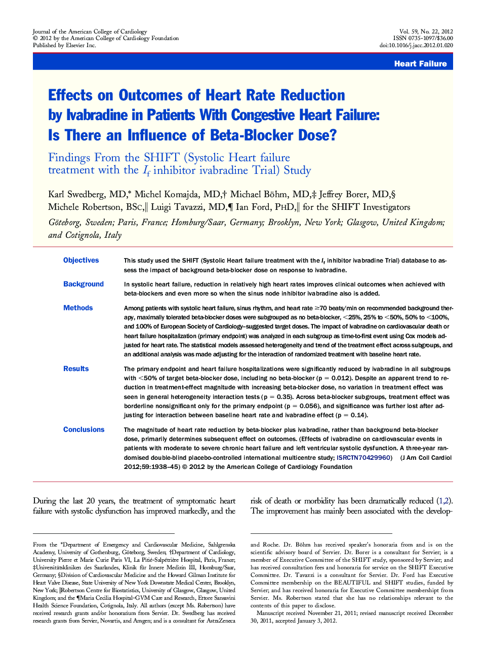 Effects on Outcomes of Heart Rate Reduction by Ivabradine in Patients With Congestive Heart Failure: Is There an Influence of Beta-Blocker Dose? : Findings From the SHIFT (Systolic Heart failure treatment with the If inhibitor ivabradine Trial) Study