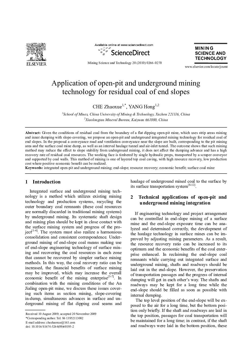عکس صفحه اول مقاله: Application of open-pit and underground mining technology for residual coal of end slopes Application of open-pit and underground mining technology for residual coal of end slopes