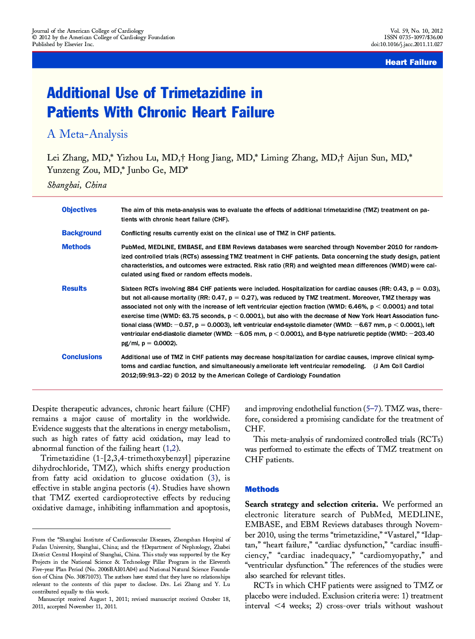 Additional Use of Trimetazidine in Patients With Chronic Heart Failure : A Meta-Analysis