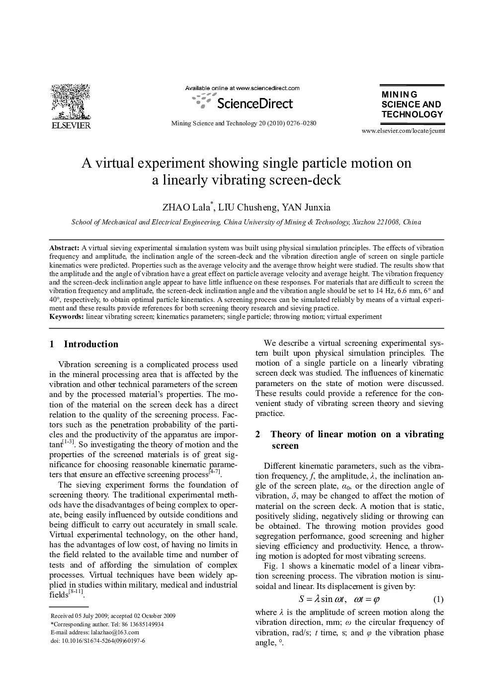 A virtual experiment showing single particle motion on a linearly vibrating screen-deck