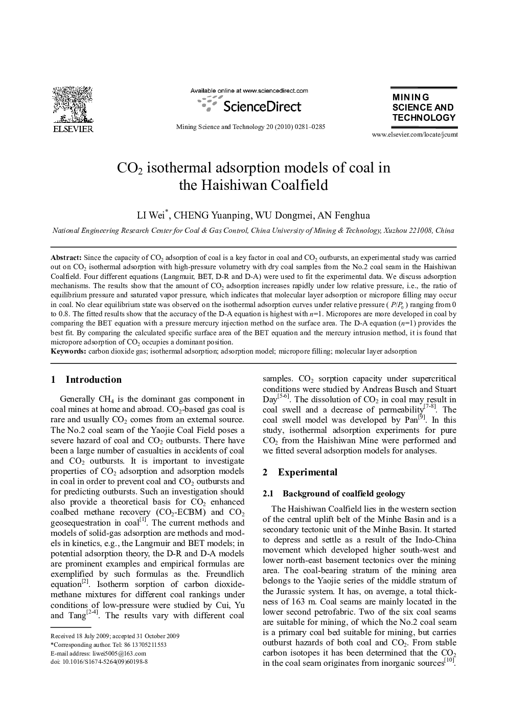CO2 isothermal adsorption models of coal in the Haishiwan Coalfield