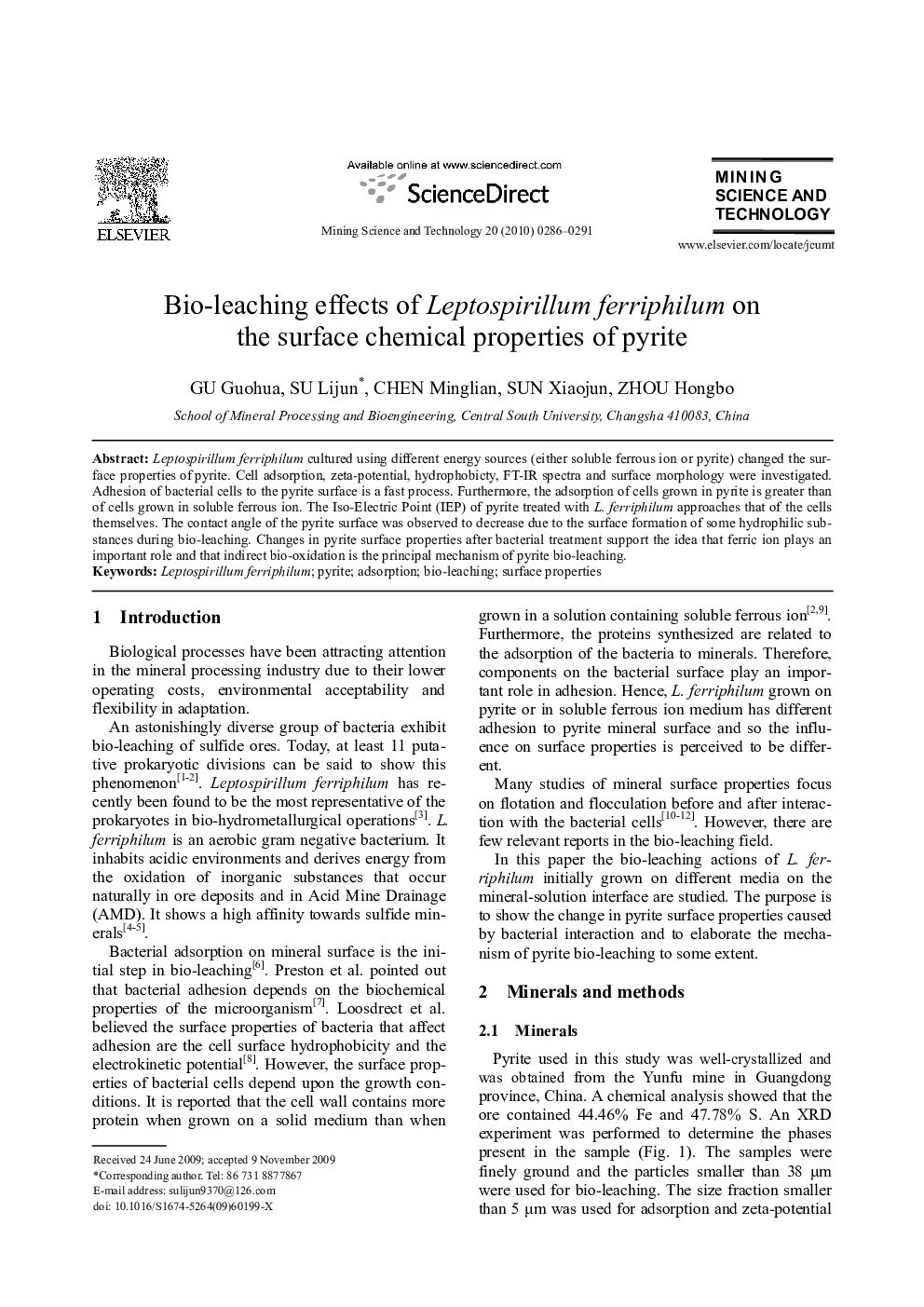 Bio-leaching effects of Leptospirillum ferriphilum on the surface chemical properties of pyrite