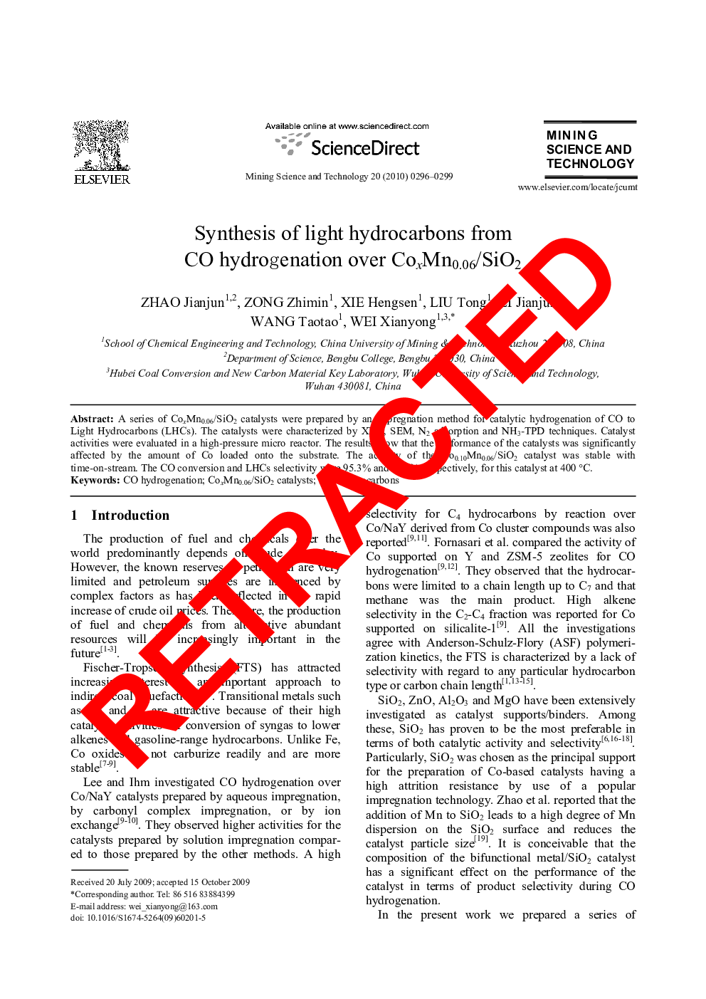 RETRACTED: Synthesis of light hydrocarbons from CO hydrogenation over CoxMn0.06/SiO2