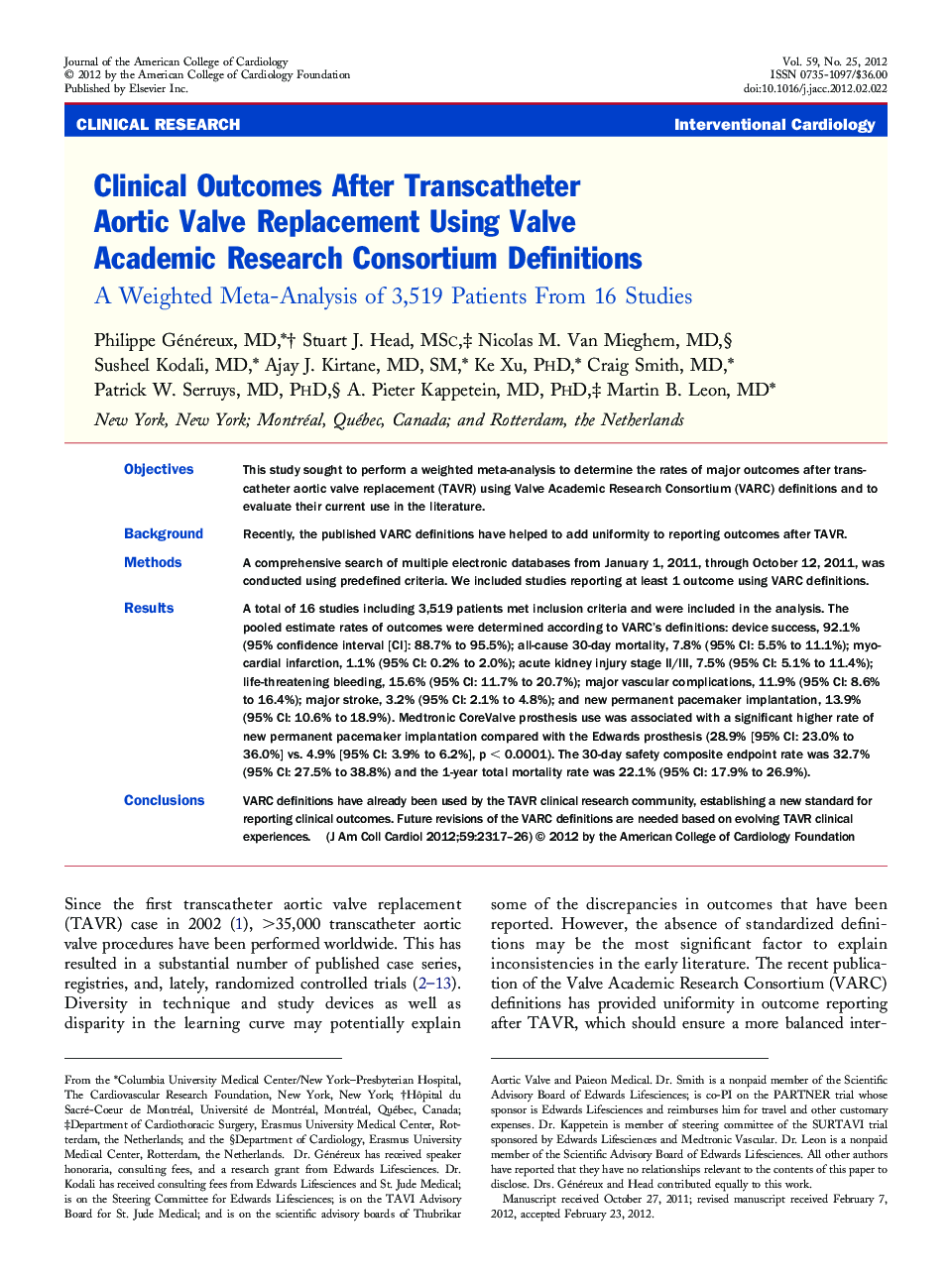 Clinical Outcomes After Transcatheter Aortic Valve Replacement Using Valve Academic Research Consortium Definitions : A Weighted Meta-Analysis of 3,519 Patients From 16 Studies