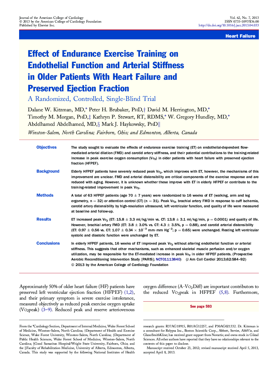 Effect of Endurance Exercise Training on Endothelial Function and Arterial Stiffness in Older Patients With Heart Failure and Preserved Ejection Fraction : A Randomized, Controlled, Single-Blind Trial