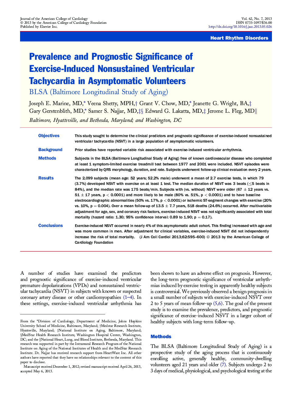 Prevalence and Prognostic Significance of Exercise-Induced Nonsustained Ventricular Tachycardia in Asymptomatic Volunteers : BLSA (Baltimore Longitudinal Study of Aging)