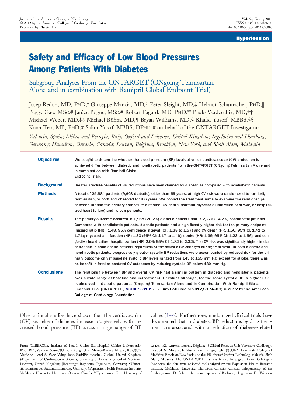 Safety and Efficacy of Low Blood Pressures Among Patients With Diabetes : Subgroup Analyses From the ONTARGET (ONgoing Telmisartan Alone and in combination with Ramipril Global Endpoint Trial)