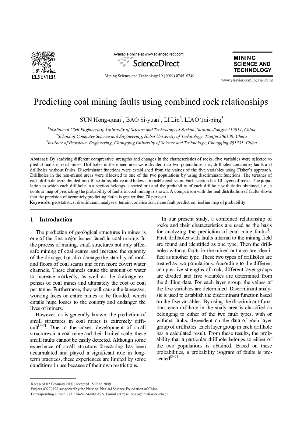عکس صفحه اول مقاله: Predicting coal mining faults using combined rock relationships Predicting coal mining faults using combined rock relationships