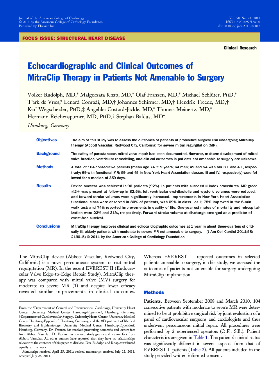 Echocardiographic and Clinical Outcomes of MitraClip Therapy in Patients Not Amenable to Surgery 