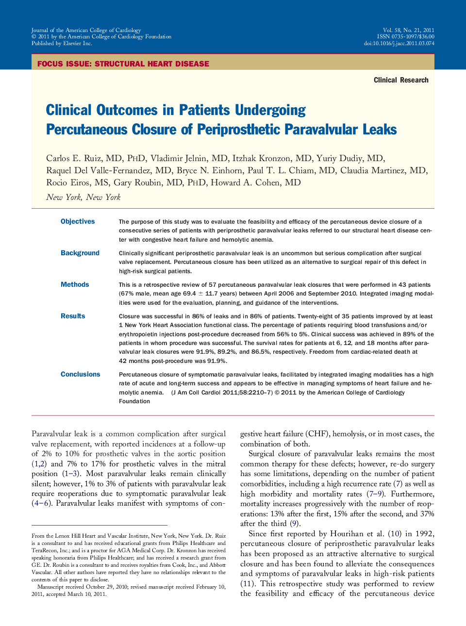 Clinical Outcomes in Patients Undergoing Percutaneous Closure of Periprosthetic Paravalvular Leaks 