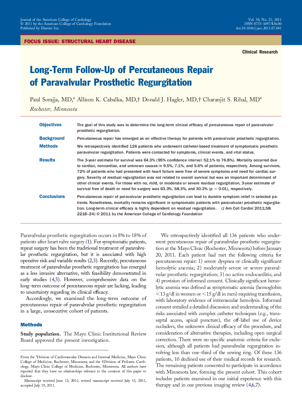 Long-Term Follow-Up of Percutaneous Repair of Paravalvular Prosthetic Regurgitation 