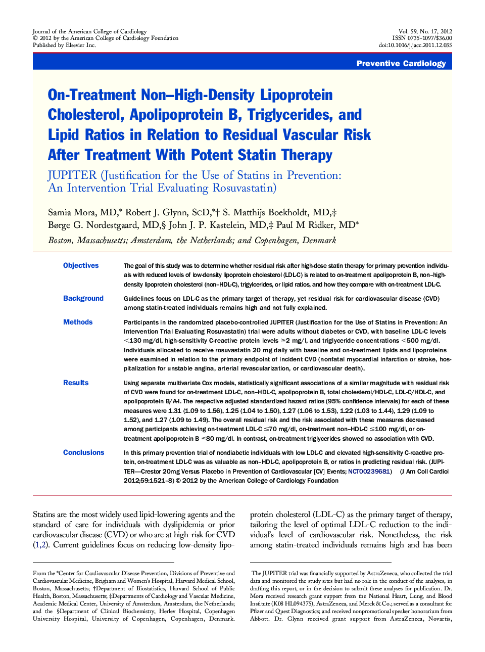 On-Treatment Non–High-Density Lipoprotein Cholesterol, Apolipoprotein B, Triglycerides, and Lipid Ratios in Relation to Residual Vascular Risk After Treatment With Potent Statin Therapy : JUPITER (Justification for the Use of Statins in Prevention: An Int