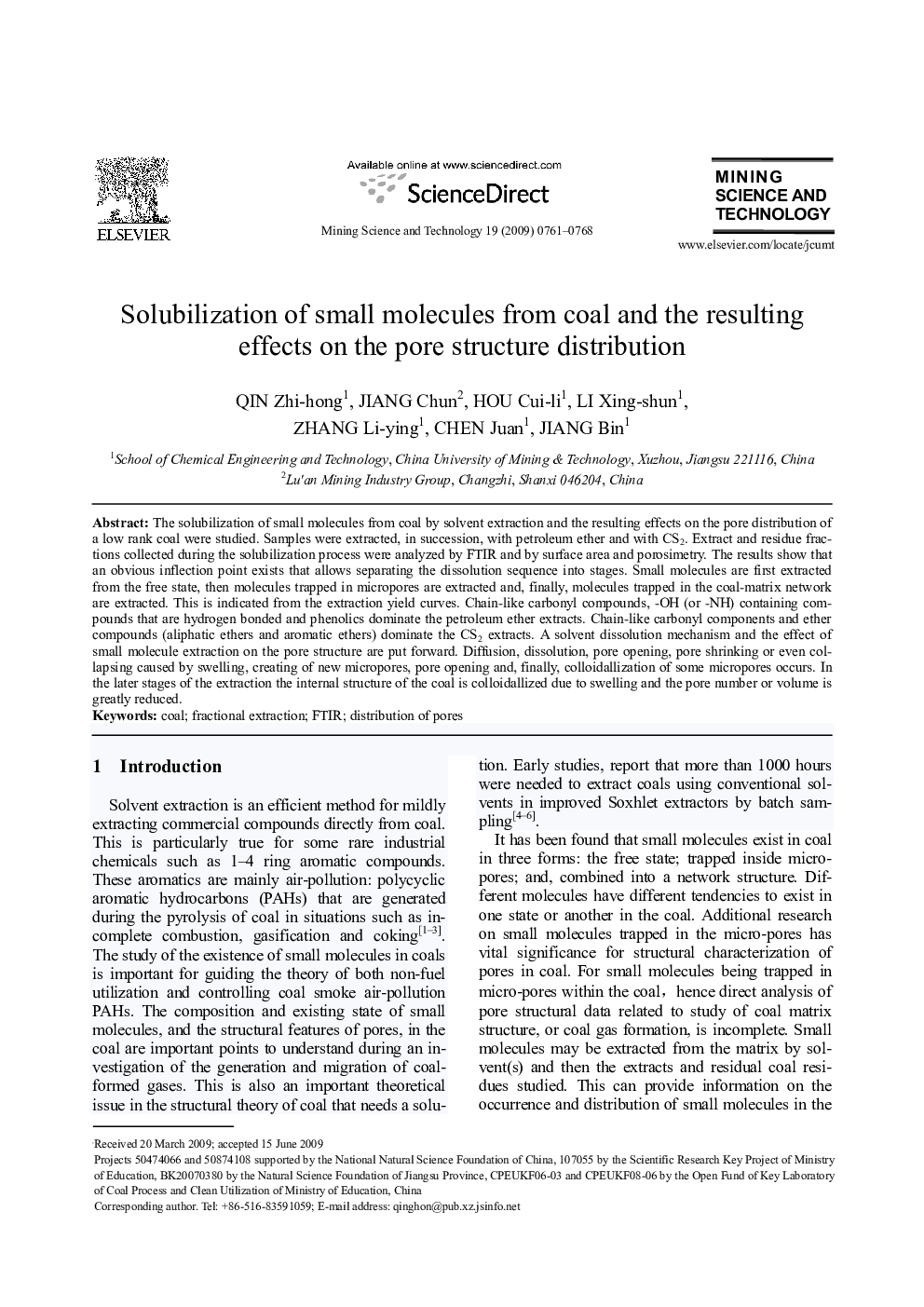 Solubilization of small molecules from coal and the resulting effects on the pore structure distribution 
