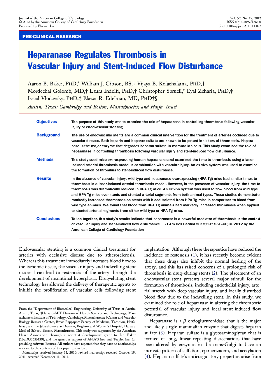 Heparanase Regulates Thrombosis in Vascular Injury and Stent-Induced Flow Disturbance 