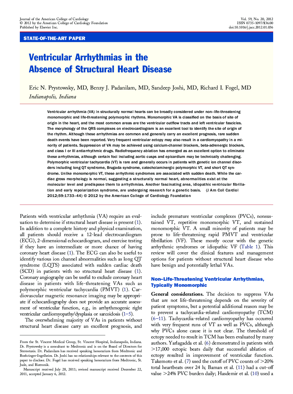 عکس صفحه اول مقاله: Ventricular Arrhythmias in the Absence of Structural Heart Disease Ventricular Arrhythmias in the Absence of Structural Heart Disease