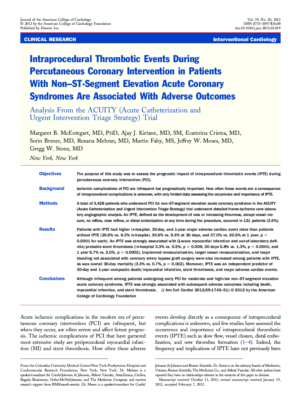 Intraprocedural Thrombotic Events During Percutaneous Coronary Intervention in Patients With Non–ST-Segment Elevation Acute Coronary Syndromes Are Associated With Adverse Outcomes : Analysis From the ACUITY (Acute Catheterization and Urgent Intervention T