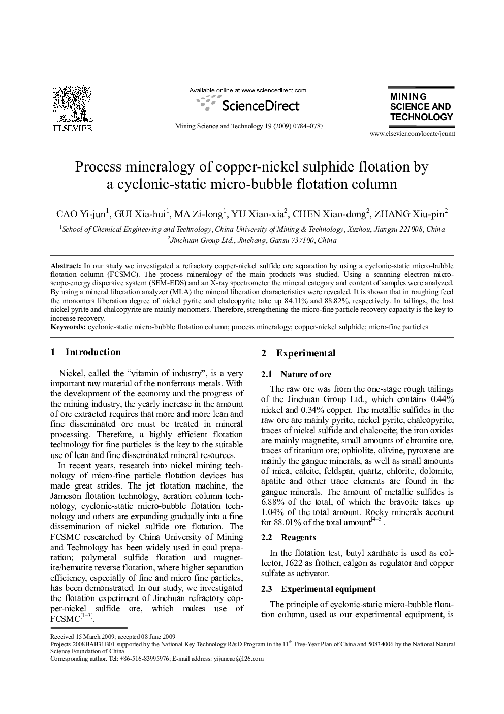 عکس صفحه اول مقاله: Process mineralogy of copper-nickel sulphide flotation by a cyclonic-static micro-bubble flotation column Process mineralogy of copper-nickel sulphide flotation by a cyclonic-static micro-bubble flotation column