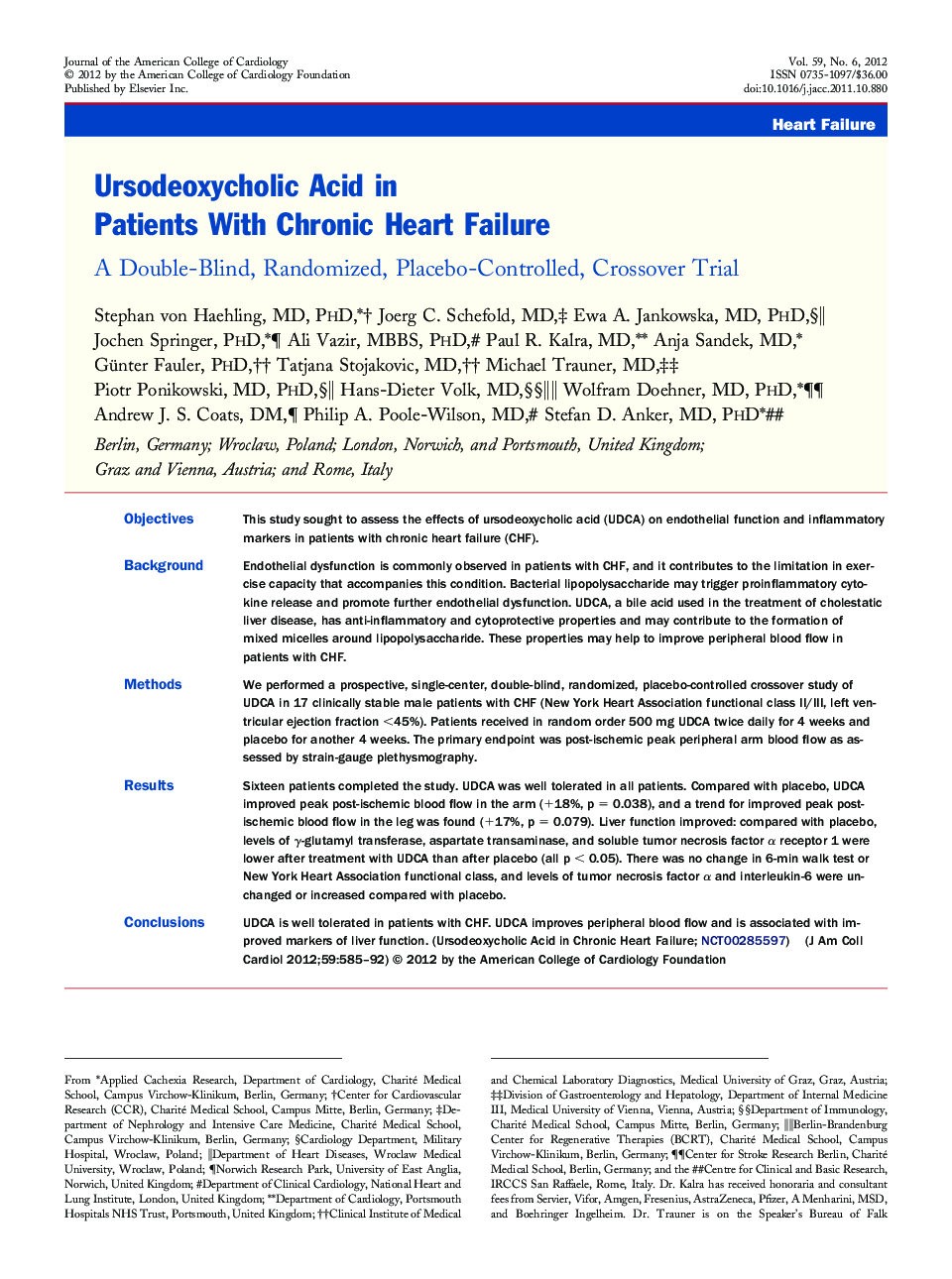 Ursodeoxycholic Acid in Patients With Chronic Heart Failure : A Double-Blind, Randomized, Placebo-Controlled, Crossover Trial