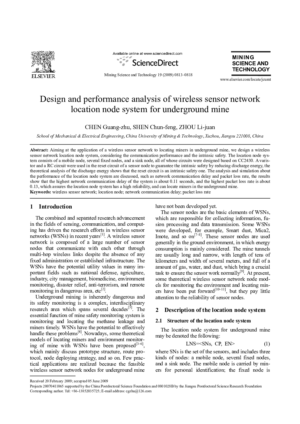 عکس صفحه اول مقاله: Design and performance analysis of wireless sensor network location node system for underground mine Design and performance analysis of wireless sensor network location node system for underground mine